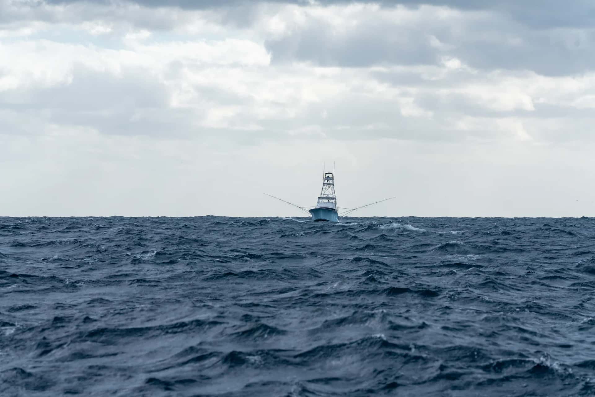 Sportfishing boat on horizon in Atlantic Ocean